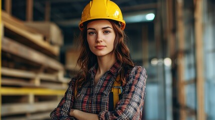 A young woman wearing a yellow hard hat and plaid shirt, standing in a warehouse with wooden pallets and shelves.
