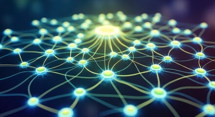 An abstract representation of a digital network with luminous nodes and connecting lines against a dark blurred background