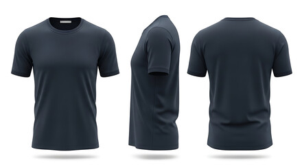 Navy Blue T-Shirt Mockup, Front, Side, and Back View on White Background