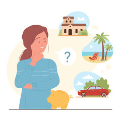 Investment choice vector illustration. Cartoon lucky rich woman with piggy bank thinking about choosing to buying family home or car, beach vacation, dream of goal achievement