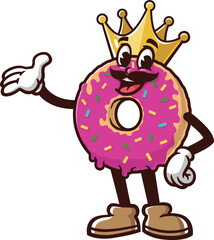 Donuts king mascot cartoon wearing a crown