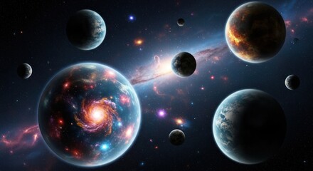 Fototapeta premium Universe view; floating planets, nebula, and starry space