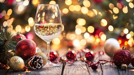 A glass of white wine with Christmas decorations on a wooden table.