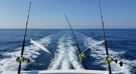 Fishing rods on boat wake blue ocean