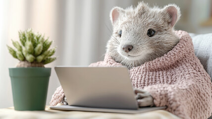 Stoat character in a soft cardigan working on a laptop with a plant beside it