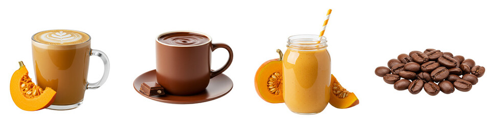 Pumpkin latte hot chocolate smoothie and coffee beans isolated 
