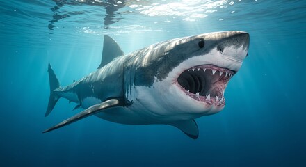 Fototapeta premium Great white shark swimming in ocean water