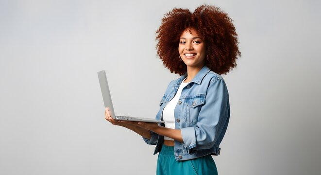 Young woman with afro hair holding a laptop