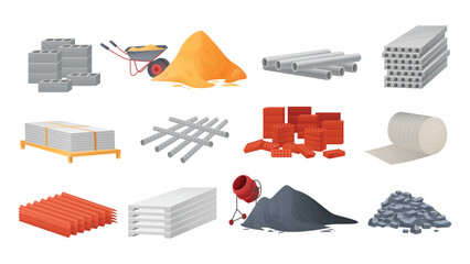 Construction materials and equipment set vector illustration. Cartoon concrete mixer with cement pile, pipe, bricks and blocks stack, stones and sand heap with wheelbarrow for building and renovation