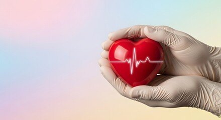 Fototapeta premium Hands wearing medical gloves gently hold a red heart with a cardiogram pulse, symbolizing care and health
