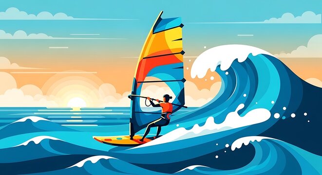 Windsurfer sunset ocean wave.