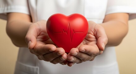 Obraz premium Hands holding a red heart with a cardiogram symbol, representing health and life