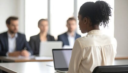 Professional Black woman in a job interview facing a panel of recruiters