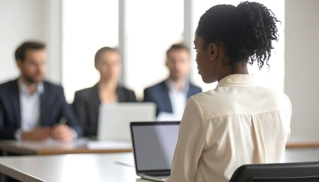 Professional Black woman in a job interview facing a panel of recruiters