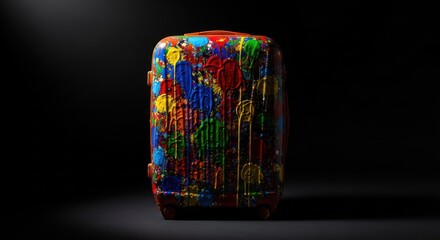 Vivid suitcase covered in splattered paint against a dark background, artistic style