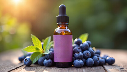 Blueberry extract bottle with fresh berries on rustic wood table. Summer captured in amber glass, perfect for wellness, culinary, or gastronomy themes. Vibrant purple, juicy fruit.