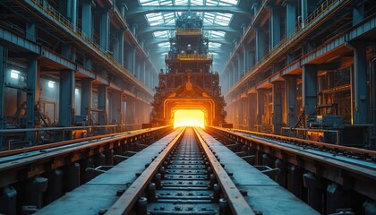 Fototapeta premium Industrial facility with large furnace systems, active conveyor belts transporting raw materials. Focus on operational efficiency, automation, heavy machinery in manufacturing processes. Steel