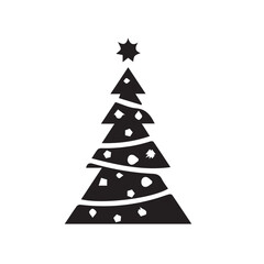 Simple black and white silhouette of a decorated Christmas tree with a star on top. Festive holiday vector icon isolated on a white background