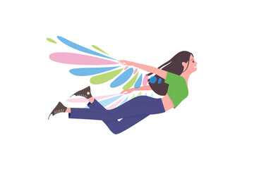 Happy girl flying on colorful wings in blue sky with clouds vector illustration. Cartoon cute free teen character dreaming about freedom and flight like bird, daydream and inspiration concept