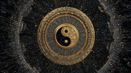 A golden yin - yang symbol with an ornate circular frame. Great for spiritual, philosophical, or Eastern culture - themed designs and art projects
