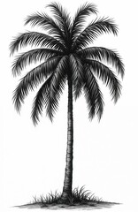 Detailed vintage sketch of tall palm tree with long curved leaves, thick trunk, drawn in black, white. Classic hand-drawn illustration evokes summery tropical beach vibe, natural exotic island