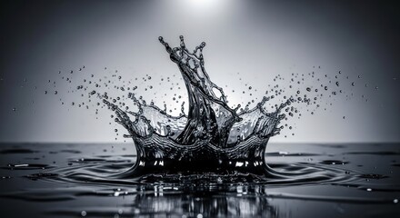 Water drop impact creating crown splash in grayscale with bokeh background