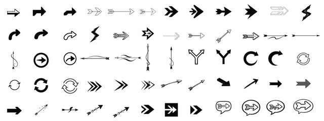 Collection of black arrow icons and symbols in various styles vector set. Icons for Web Design and Software Interfaces. 