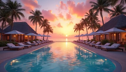 Luxury tropical resort hotel infinity pool at sunset. Beachfront property with palm trees, lounge chairs, umbrellas. Serene ocean view, golden hour sky, vacation destination.
