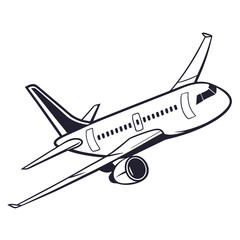 A stylized black and white illustration of a modern passenger jet airplane in flight against a white background