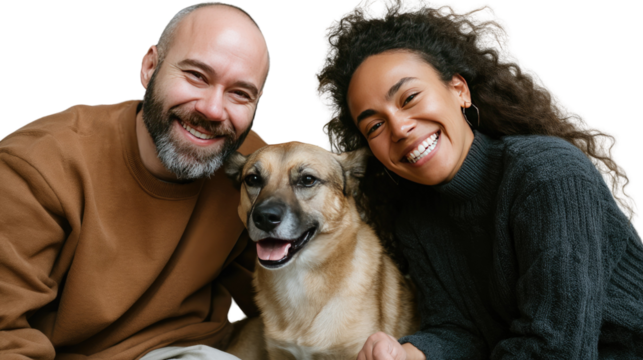 Joyful bond: A heartwarming scene capturing the essence of unconditional love and companionship between a diverse couple and their canine companion, radiating happiness and affection. - Powered by Adobe