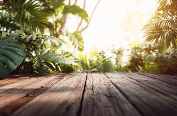 Wooden platform in a lush tropical garden
