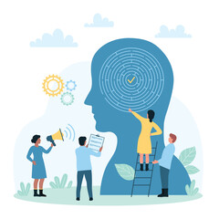 Critical strategic thinking, logic training vector illustration. Cartoon tiny people research circle maze inside human abstract head, talent and skills to understand smart solutions and ideas