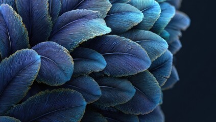 Obraz premium Close-up of many teal-blue feathers, dark background