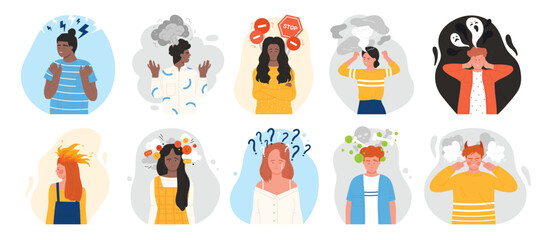 Negative thoughts and mood in people set vector illustration. Cartoon male and female characters with stress and anxiety in unhappy faces, bad weather, ghosts and questions over heads of pessimists