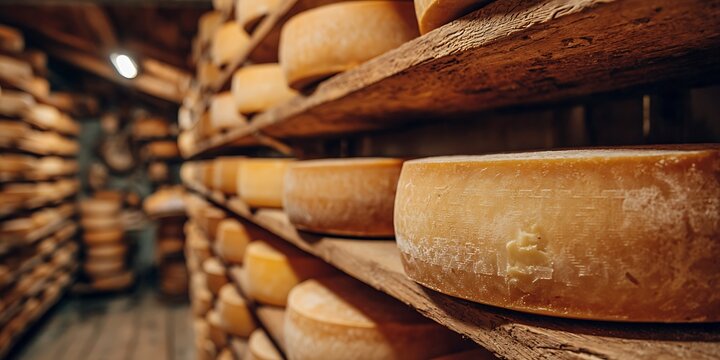 Gruyere wheel close up in rustic cheese store - Powered by Adobe
