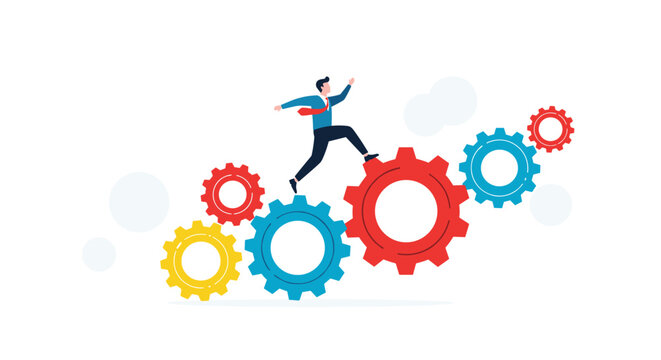 Business man jumping over gears symbolizing success and productivity growth