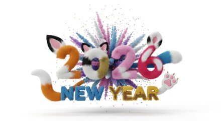 Whimsical 2026 New Year image with animal-themed numbers, confetti burst