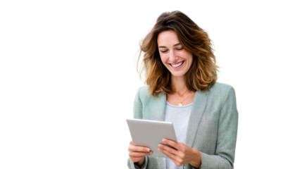 Modern Woman Engaging with Tablet: A stylish woman, illuminated in soft natural light, is fully engaged, absorbed in the digital world, embodying modern productivity and innovation.