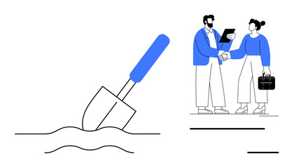 Shovel digging ground beside two professionals shaking hands and holding documents. Ideal for business collaboration, investment, partnership, new ventures, teamwork, startup ideas, and progress