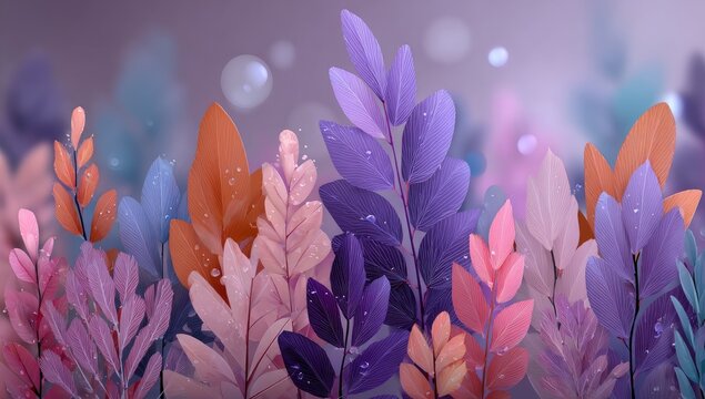 Abstract floral display, vibrant leaves in soft hues