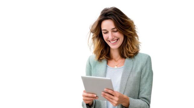 Modern Woman Engaging with Tablet: A stylish woman, illuminated in soft natural light, is fully engaged, absorbed in the digital world, embodying modern productivity and innovation.