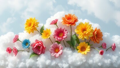 Obraz premium Colorful Flowers Resting on Fluffy Clouds in Sky