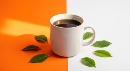 White mug with dark liquid and leaves on split orange/white background
