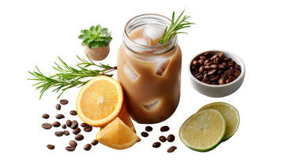 Refreshing Coffee with Citrus and Herbs: A vibrant, artfully arranged scene showcases a cool beverage in a mason jar, complemented by aromatic rosemary sprigs, zesty citrus slices.