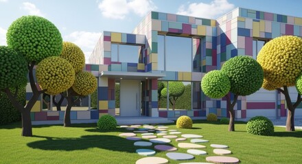 Whimsical house with colorful tiled facade and round trees on a sunny day