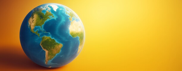 Planet Earth on vibrant yellow background with space for copy, symbolizing global awareness, science, and environmental design concepts.
