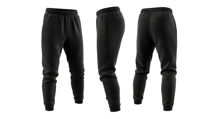 Black Jogger Pants Mockup, Three Angles, Isolated on White Background