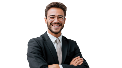 Confident Business Man: A handsome, poised business professional, radiates assurance and expertise in a polished portrait, his crossed arms a statement of readiness and competence.