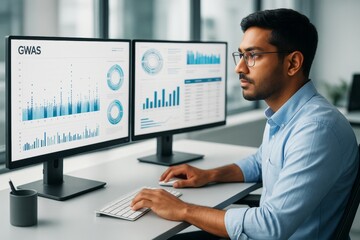 Scientist analyzing GWAS data on dual monitors in modern office with bright background, focused on genetics and research visualization charts. Ai generative