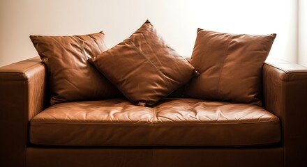 A brown leather sofa with plush cushions offers a comfortable and inviting seating arrangement, perfect for relaxation and lounging in a cozy living space